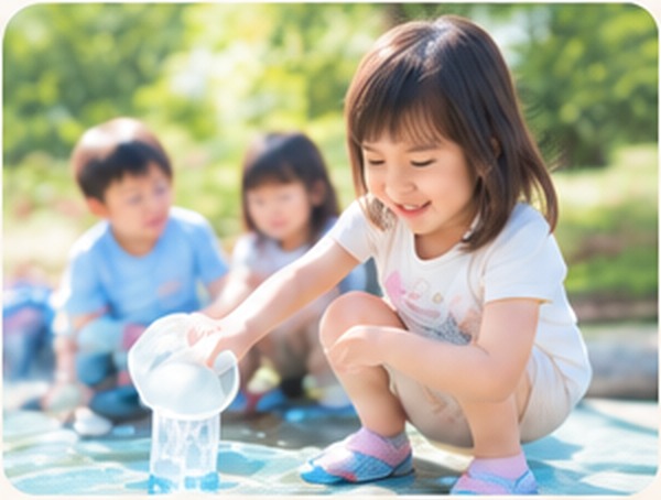 水遊びを楽しみながら、自分で試して遊ぶ子どもたちのイメージ